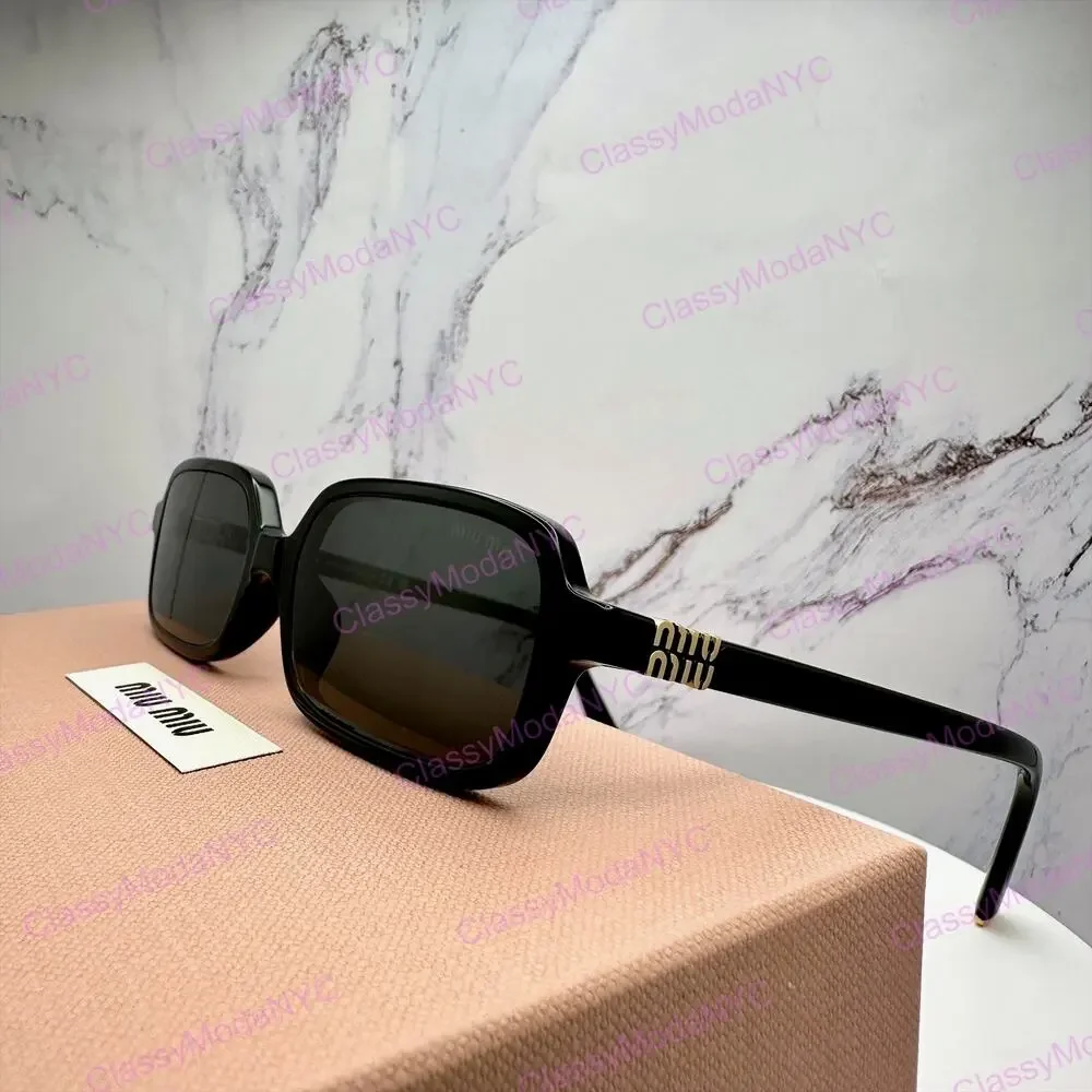 New MIU MIU Sunglasses Black Square Rectangle Acetate Gold Metal Logo Authentic